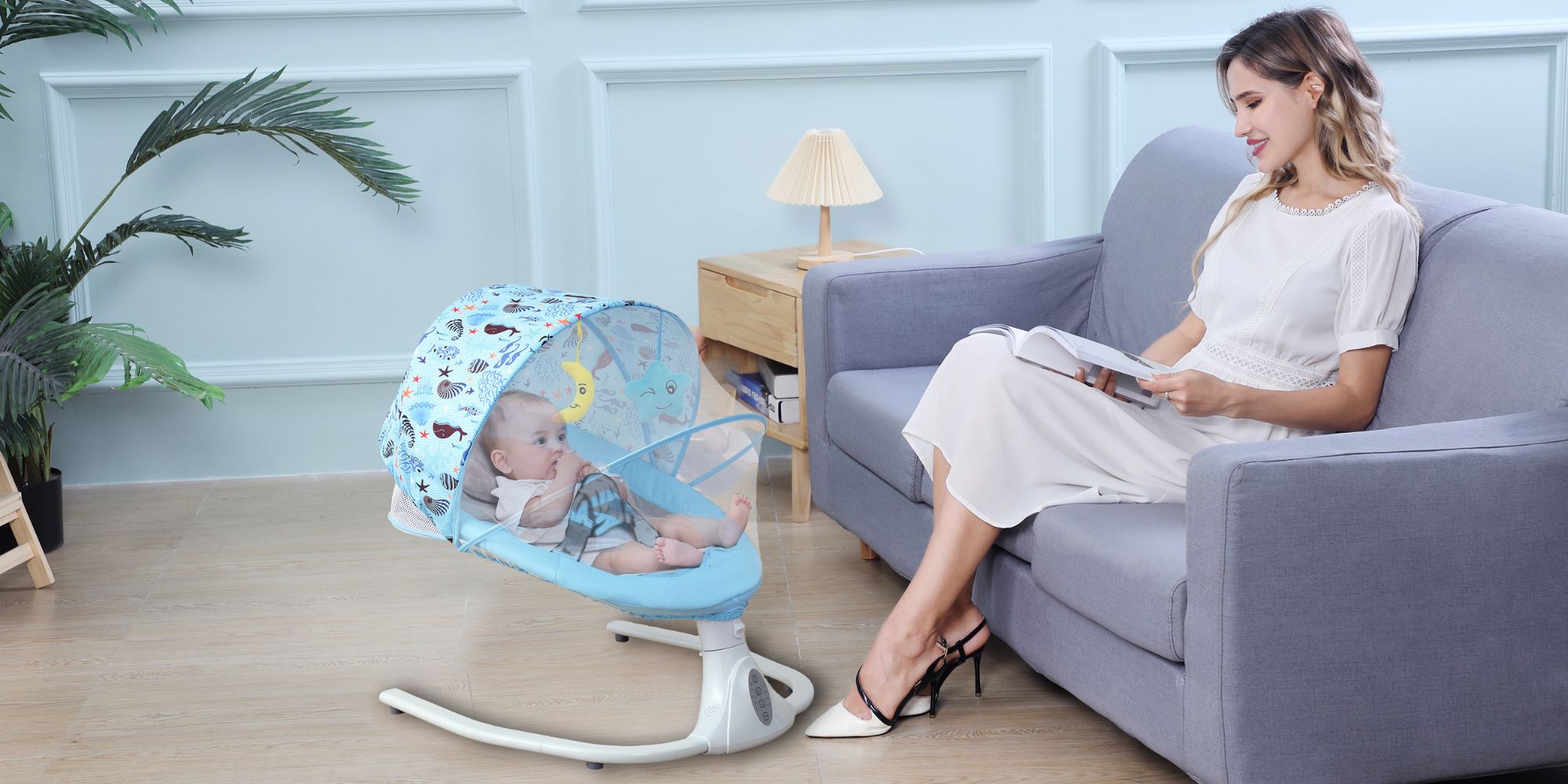 Baby Rocking Chair Lying Flat Grey mother comfortably